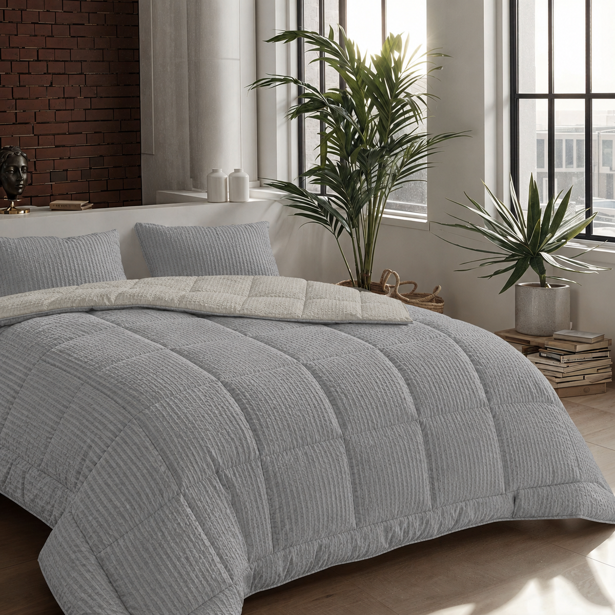 Zelesta Comfort Structure Seersucker Bettdecke - Grau & Hellgrau