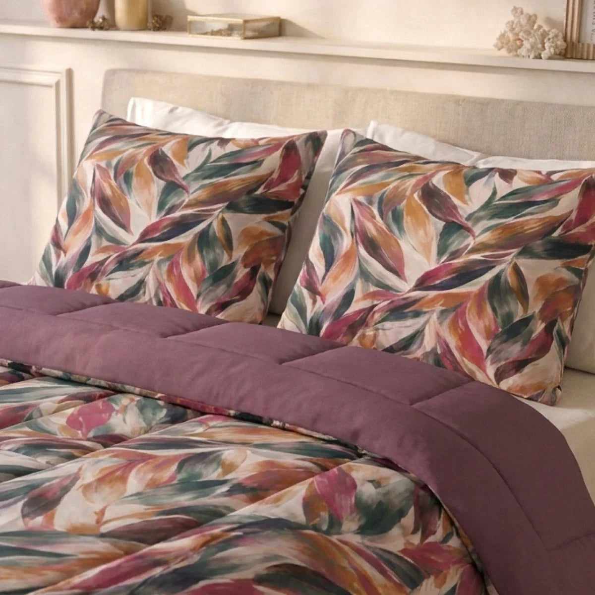 Zelesta Deluxe Design Satin Cotton Pillowcase - Pink Multicolor Leaves