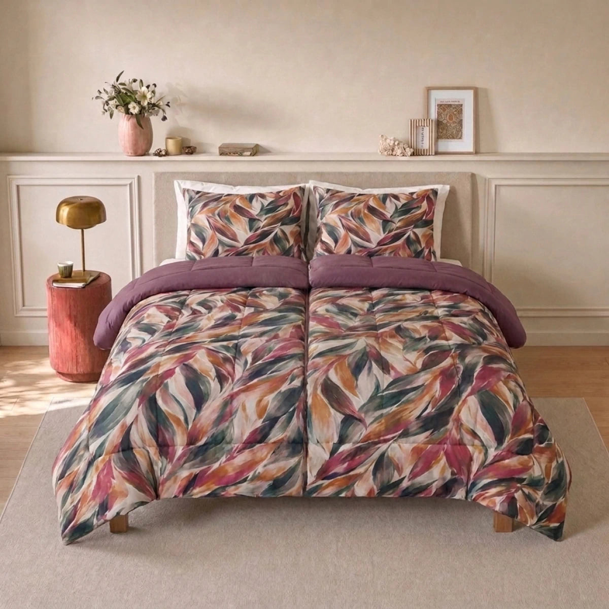 Zelesta Deluxe Design Satin Cotton - Pink Multicolor Leaves