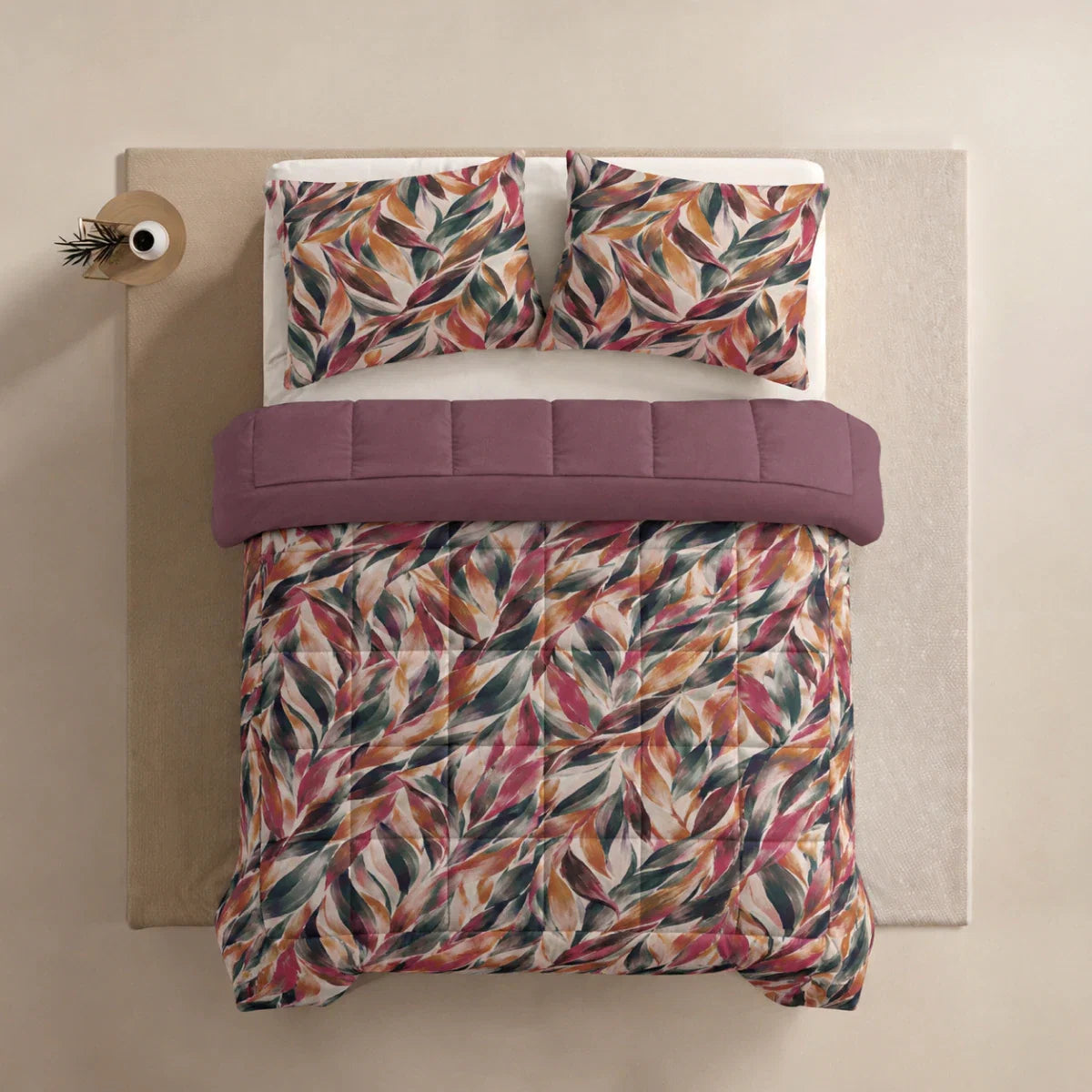 Zelesta Deluxe Design Satin Cotton Pillowcase - Pink Multicolor Leaves