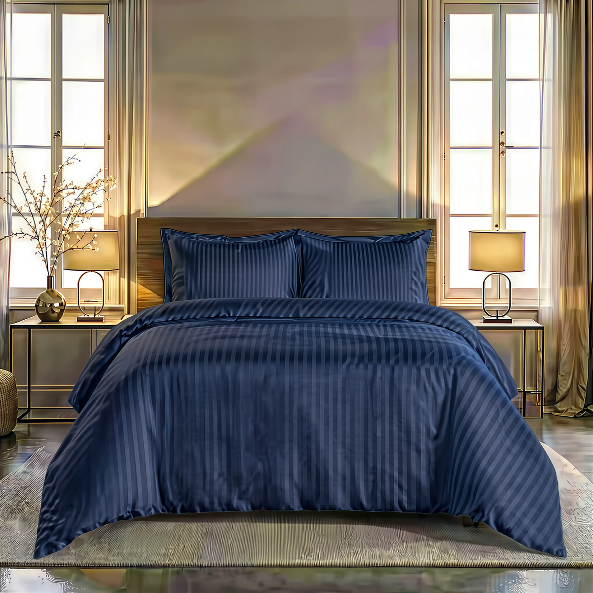 Zelesta Deluxe Hotel Stripe Satin-Baumwolle Bettdecke - Blau