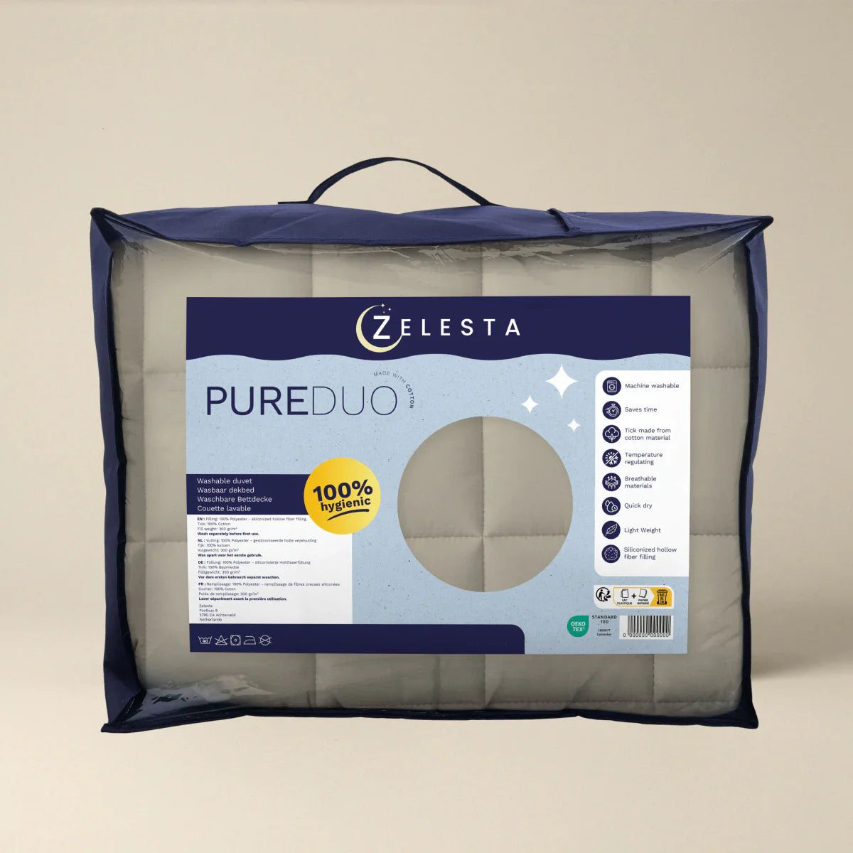 Couette d'été Zelesta Pure Duo Coton - Gris chaud et blanc crème